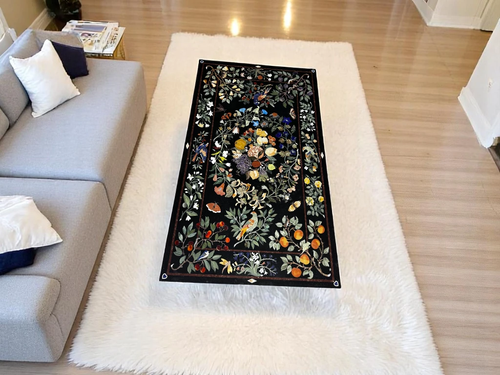 Floral Pietra Dura Black Marble Rectangle Dining Table Top Furniture
